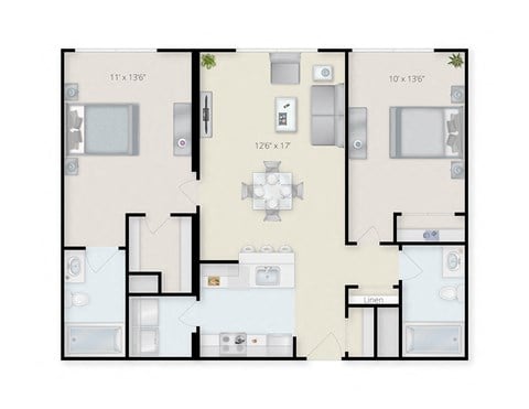 Floor plan for 2 beds, 2 baths, 1057 sqft